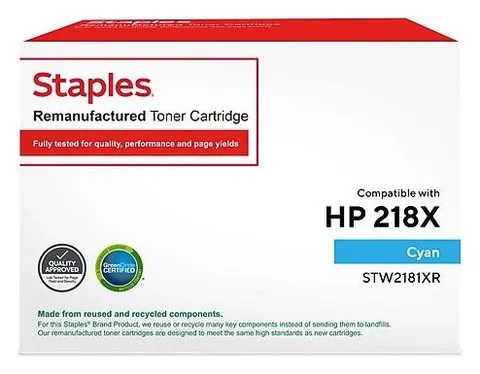 Staples Remanufactured: Staples Remanufactured Cyan High Yield toner, replacement for HP 218X (STW2181XR) (seller's product photo)