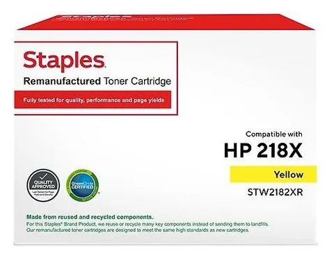 Staples Remanufactured: Staples Remanufactured Yellow High Yield toner, replacement for HP 218X (STW2182XR) (seller's product photo)
